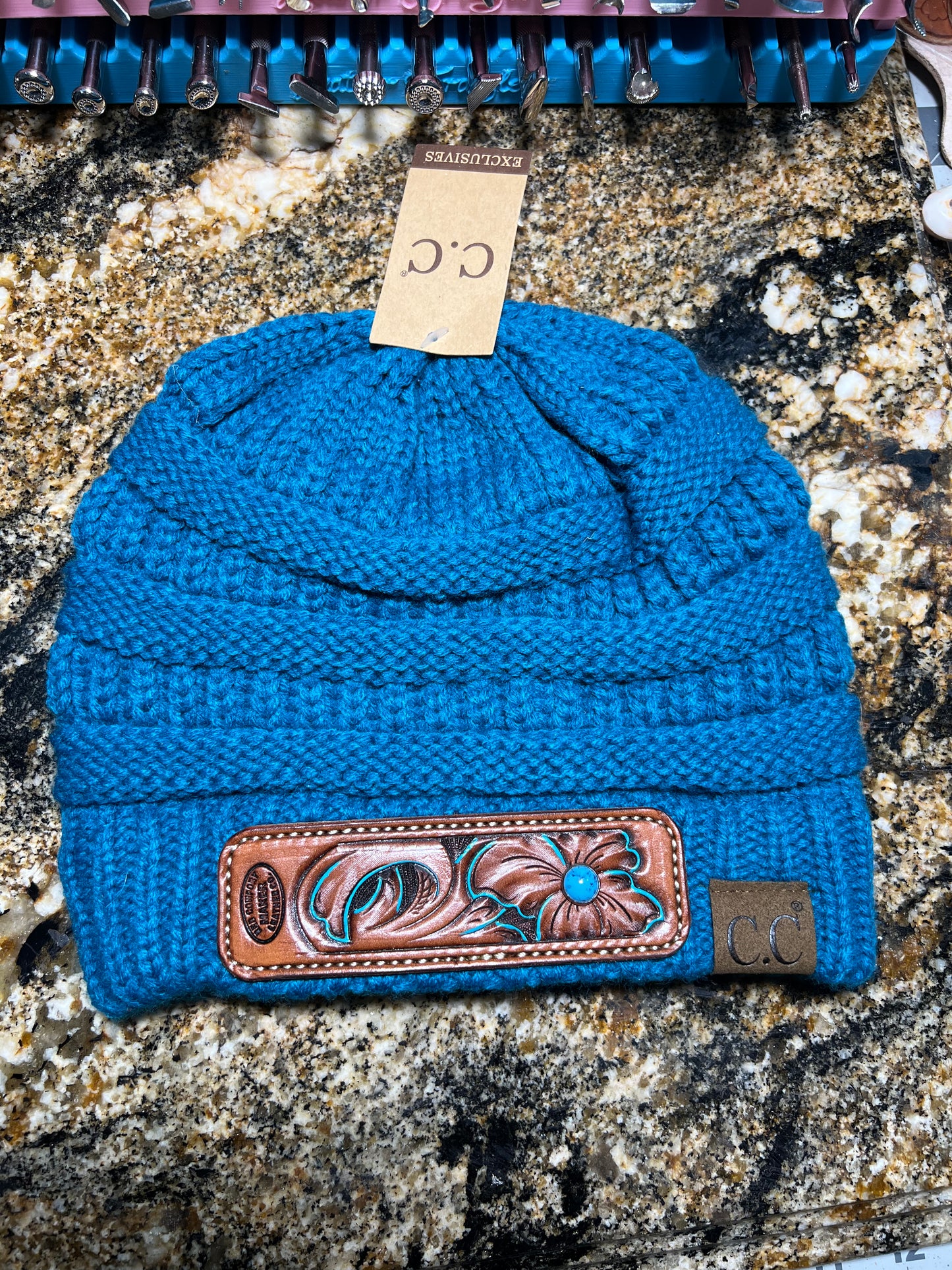 Turquoise Floral Beanie